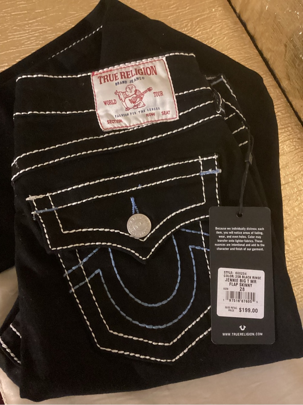 True Religion Black Skinny Jennie Big T Flap Jeans with Contrast Stitching
